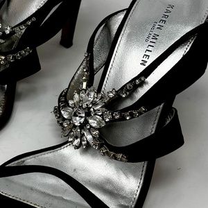 KAREN MILLEN Glamour Heels Black Satin Jeweled 6.5 - vintage